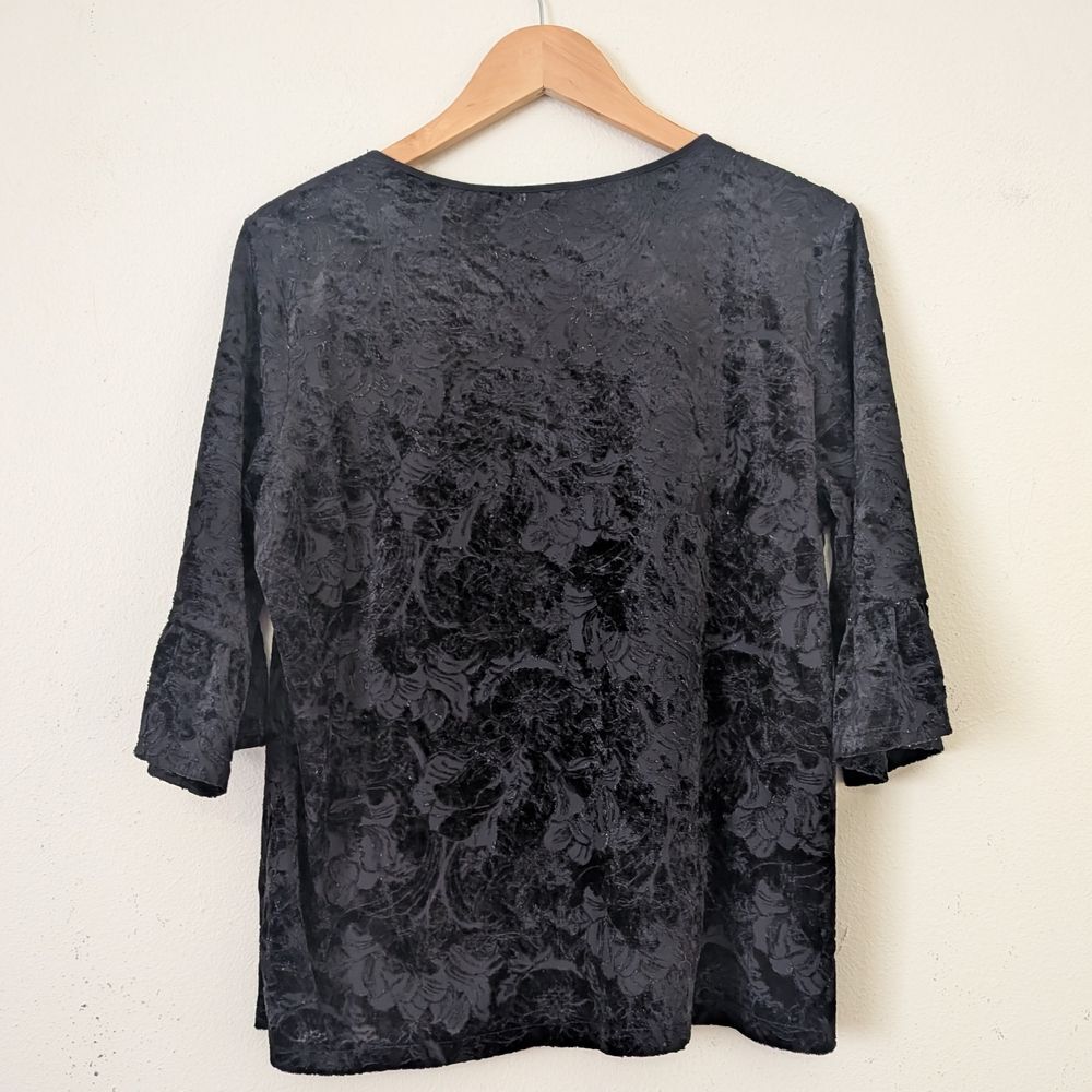 Ann Taylor Factory Velvet Burnout Top Women's Lg Bell Sleeve Black Floral Witchy - Picture 5 of 10